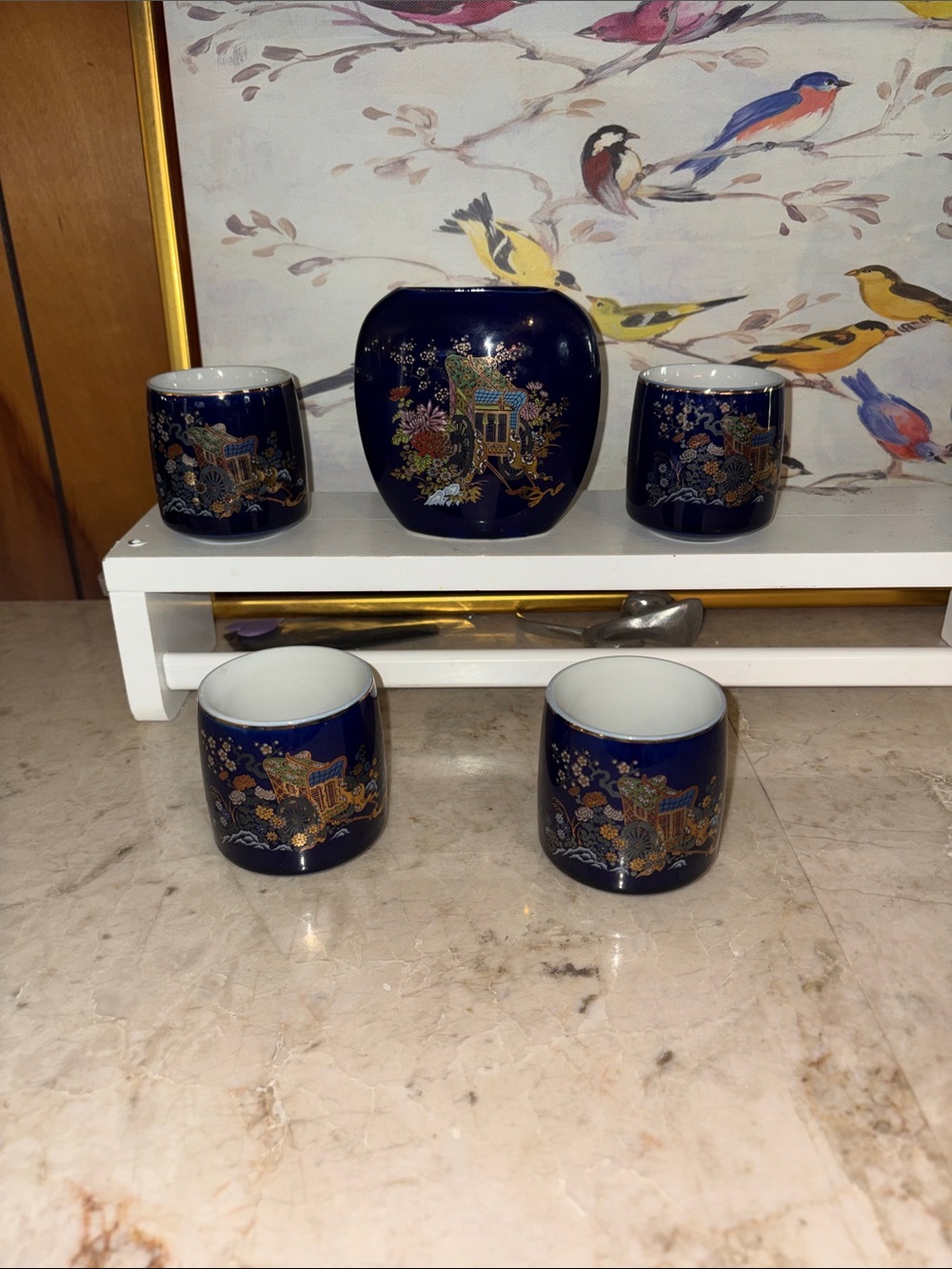 Cobalt Blue Porcelain Tea Cup Set with Gold Floral Motif/ mini vase